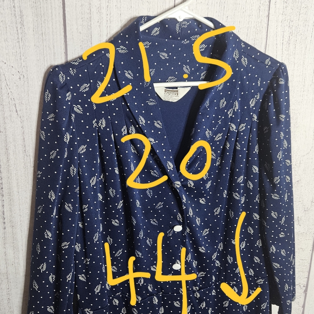 VTG Volup Montgomery Ward Navy Blue Midi Dress With Leaf Print, sz Large/XL - Picture 8 of 8